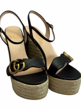 Gucci Black Leather Espadrille Wedge Sandals with Gold GG sz 34EU brand new